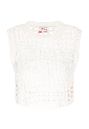 Witte gecropte gebreide trui met een geribbelde textuur, opengewerkte details bij de schouders en een ronde halslijn.