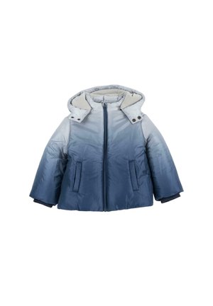 Veste matelassée dégradée bleue avec capuche, fermeture éclair frontale et deux poches latérales, conçue pour temps froid.