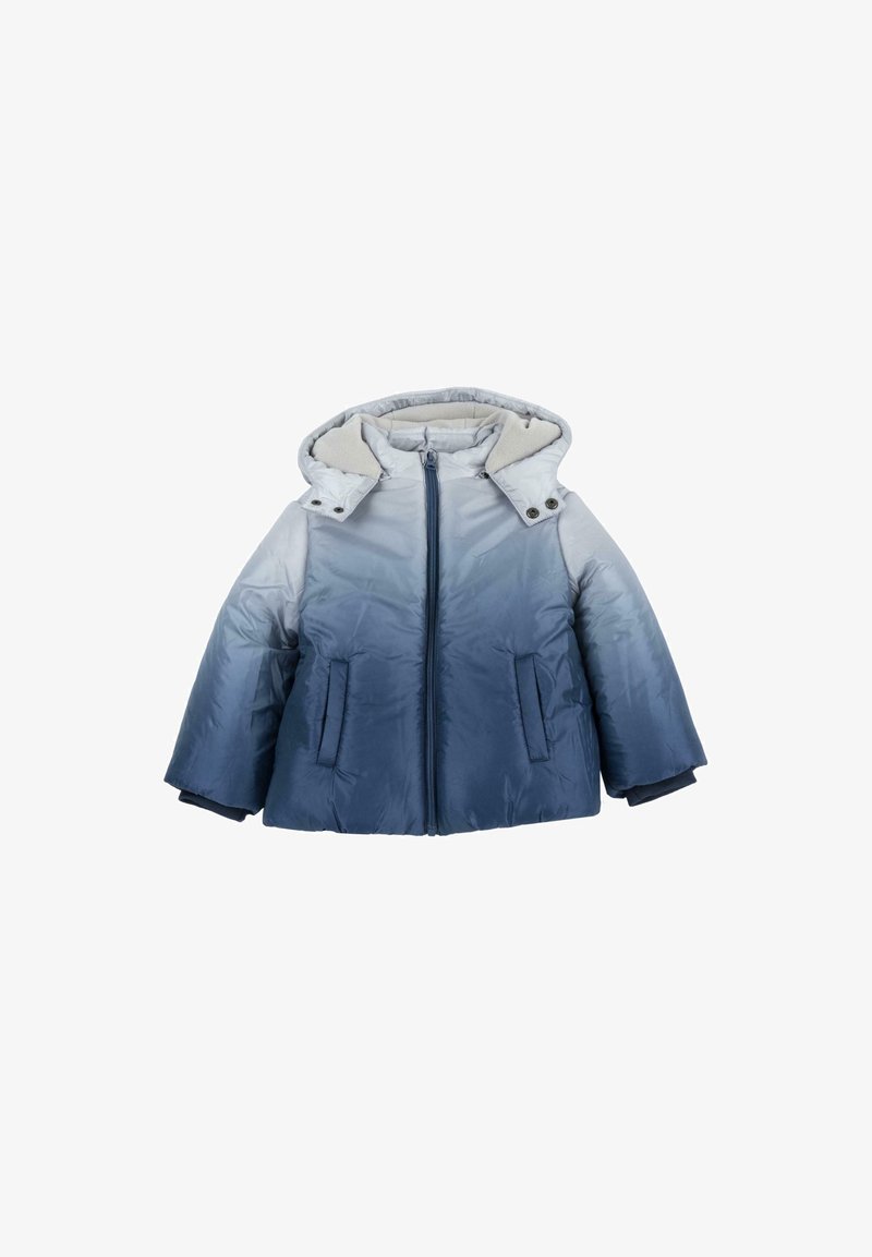 Veste matelassée dégradée bleue avec capuche, fermeture éclair frontale et deux poches latérales, conçue pour temps froid.