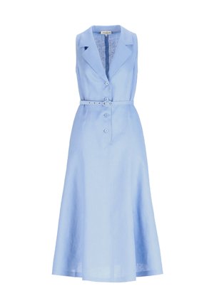 Ujjatlan világoskék midi ruha hajtókás gallérral, elöl gombokkal és derékon hozzáillő övvel.