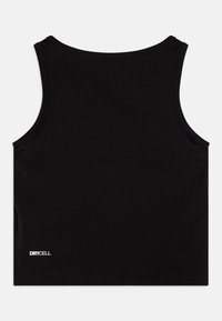 Top de alças preto sem mangas feito de um tecido leve, com decote arredondado e um pequeno logotipo branco "DRYCELL" na bainha.