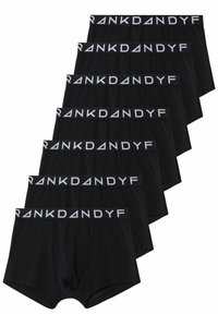 Zwarte boxershortset met een rekbare tailleband waarop "RANKDANDYF" in het wit staat. Zacht materiaal met een gladde textuur, ontworpen voor comfort.