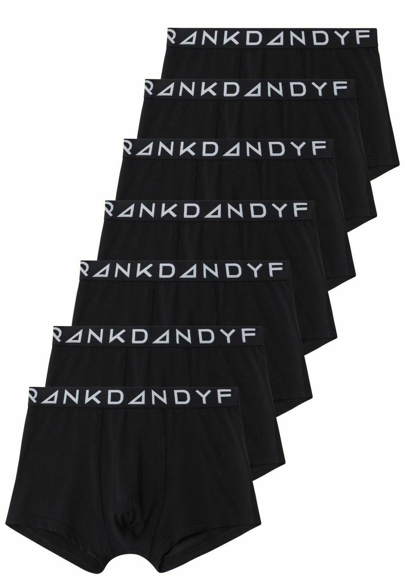Zwarte boxershortset met een rekbare tailleband waarop "RANKDANDYF" in het wit staat. Zacht materiaal met een gladde textuur, ontworpen voor comfort.
