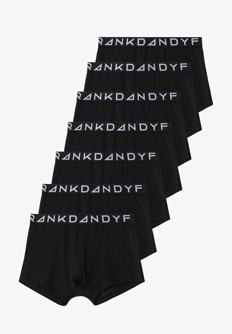 Zwarte boxershortset met een rekbare tailleband waarop "RANKDANDYF" in het wit staat. Zacht materiaal met een gladde textuur, ontworpen voor comfort.