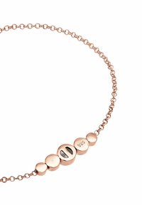 Armband aus Roségold mit runden Perlen unterschiedlicher Größe, einer strukturierten Perle und einer eingravierten "925"-Markierung auf einer Perle. Kettenglied-Design.