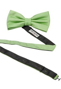 Ljusgrön satinfluga med ribbad textur, har ett svart justerbart band med en etikett, i en klassisk båtform.