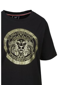 Zwarte katoenen t-shirt met een gouden leeuw graphic en een cirkelvormig ontwerp met "MILANO" en "1969." Klassieke ronde halslijn en korte mouwen.