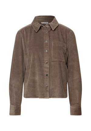 Braune Cordjacke mit Kragen, Fronttasche und Knopfverschluss. Sie verfügt über einen strukturierten Stoff mit vertikalen Streifen.