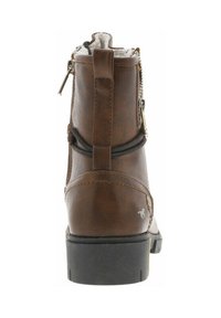 Bottine en cuir marron avec une finition texturée, une fermeture éclair sur le côté et une semelle en caoutchouc noir contrastante. Dispose d'une doublure douce et d'une languette à l'arrière.