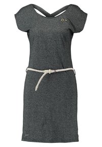 Grijze jurk met korte mouwen en een kruisvormig rugontwerp. Voorzien van een lichtgekleurde gevlochten riem en twee sierknopen aan de voorkant.