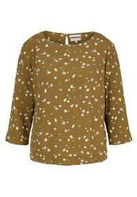 Braune Bluse mit Blumenmuster, drei Viertelärmeln, runder Ausschnitt und kleinem Schlüsselöffnungsdetail im Rücken. Das Material wirkt leicht und strukturiert.
