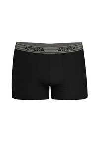 Boxer shorts noirs avec une ceinture élastique grise arborant le logo "ATHENA" en noir. Tissu doux et lisse avec une coupe ajustée.