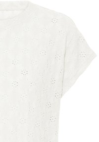 Haut tricoté blanc à manches courtes avec un motif ajouré de losanges et de points, et un col rond.