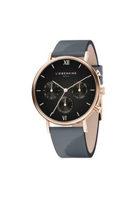 Orologio con quadrante nero e dettagli in oro rosa, tre sotto-quadranti e cinturino in pelle grigio scuro lucido. Numeri romani alle 12 e 6.