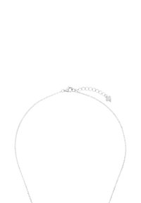 Collana in argento con chiusura a moschettone, caratterizzata da una lunghezza regolabile e un piccolo ciondolo a forma di cuore all'estremità della catena di estensione.