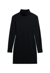 Schwarzes Langarm-Turtleneck-Kleid mit taillierter Silhouette, flach auf einem weißen Hintergrund präsentiert.