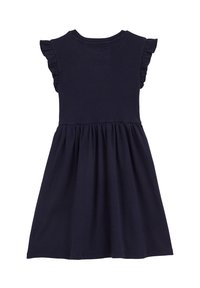 Rochie bleumarin cu textură nervurată, mâneci scurte cu volănașe, corset ajustat și fustă evazată. Fără elemente metalice vizibile sau modele.