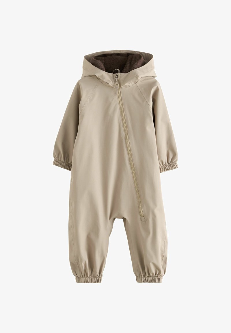Combinaison étanche beige avec capuche, poignets élastiques et fermeture éclair sur le devant. Doublure intérieure douce marron pour la chaleur et le confort.