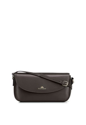 Donkerbruine leren crossbodytas met klepsluiting, verstelbare band en gouden Wittchen-logo middenvoor.