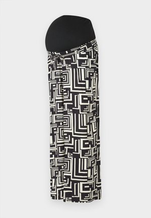 Materinski maxi krilo v črno-belem z geometrskimi vzorci, z elastičnim pasom za udobje in raztezanje.