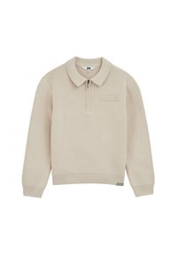 Pull-over en tricot beige avec col et fermeture éclair sur le devant jusqu'à mi-hauteur. Il comporte des manches longues, des poignets côtelés et une petite poche plaquée sur la poitrine.