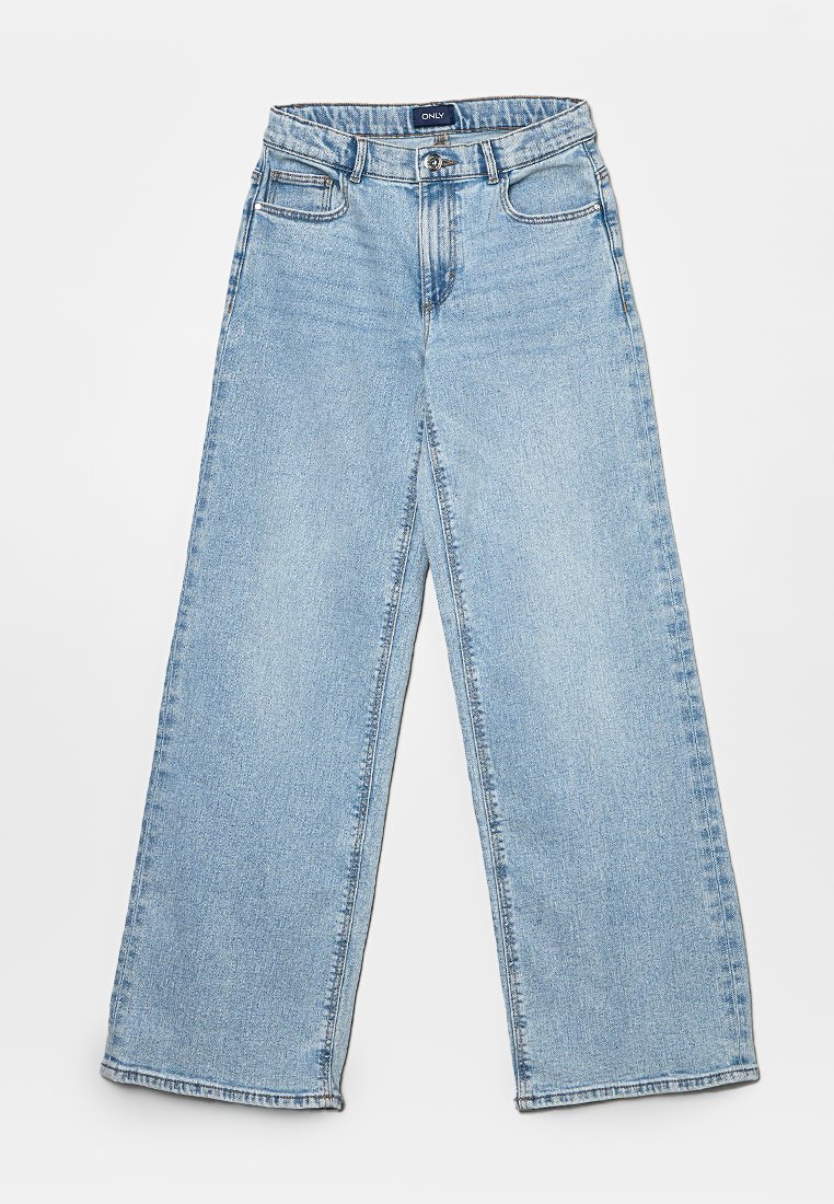 Lichtblauwe wijde jeans gemaakt van denim. Heeft een klassieke vijf-pocketontwerp met een sluiting met knoop en ritssluiting aan de voorkant. De zoom is raw en onafgewerkt.