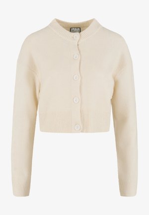 Gekürzter cremefarbener Cardigan aus weichem, strukturiertem Stoff, mit geripptem Saum und Knopfverschluss mit fünf großen Knöpfen.