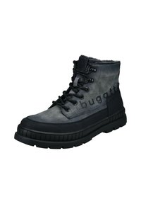 Grauer und schwarzer Winterstiefel mit schwarzen Schnürsenkeln, gepolstertem Kragen, robustem Sohlen und dem Markennamen an der Seite aufgedruckt.