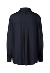 Long-sleeve navy shirt featuring a collar, pleated back, and buttoned cuffs in a smooth fabric with a subtly textured finish.