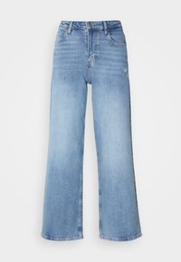 Lichtblauwe high-waisted wijde spijkerbroek van denim, met een gematigde wassing, vijf zakken en subtiele slijtage aan één been.