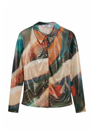 Koszula na długi rękaw z zapięciem na guziki i ostrym kołnierzykiem, z abstrakcyjnym, wielokolorowym wzorem w odcieniach turkusu, pomarańczu, beżu i ciemnych tonach z błyszczącym wykończeniem.