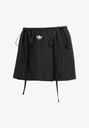 Saia atlética preta com cordões ajustáveis, apresentando um pequeno logotipo branco na frente. Feita de um tecido leve com uma textura suave.