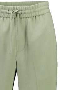 Light green, elastic waistband pants with a drawstring, featuring a smooth texture and a side pocket. Soft, casual design.