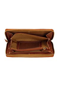 Braune Leder-Brieftasche mit Reißverschluss, offen, mit mehreren Kartenfächern, einem Reißverschluss-Münzfach und zusätzlichen Fächern für Geldscheine oder Quittungen.