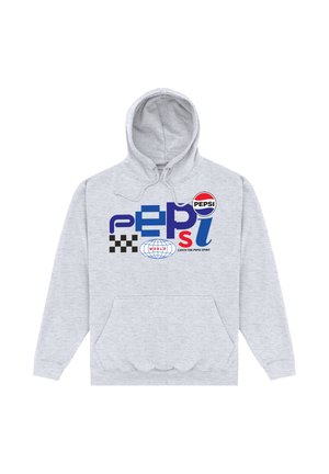 Grå hoodie med en frontlomme, der har et flerfarvet Pepsi-logo print og ternet mønster. Lavet af blødt stof med snoretræk i hætte.