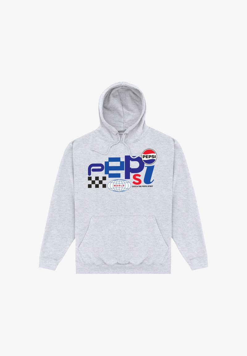 Sudadera gris con un bolsillo frontal, que presenta una impresión del logotipo multicolor de Pepsi y un patrón de tablero de ajedrez. Hecha de tela suave con capucha ajustable.