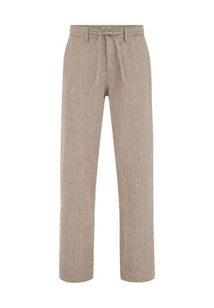Pantaloni bej tricot cu dungi, cu șnur în talie și picioare drepte, concepuți pentru purtare casual.