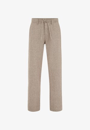 Pantalon en maille côtelée beige avec taille à cordon et jambes droites, conçu pour un usage décontracté.