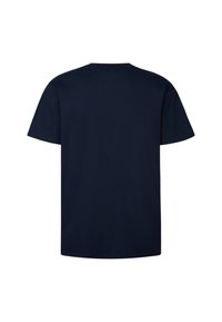 Tmavě modré tričko s krátkým rukávem a kulatým výstřihem. Měkký bavlněný materiál; jemná textura; pohled zezadu, bez zdobení nebo vzorů.