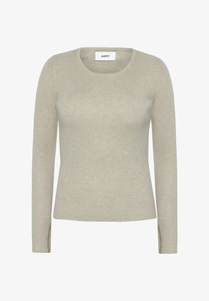 Lichtbeige lange mouw ribbeltrui met een ronde halslijn, met een subtiele textuur en zijsplitten bij de zoom.