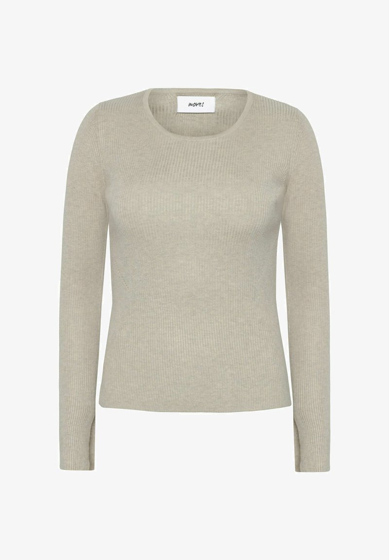 Maglione a maniche lunghe ribbed beige chiaro con scollatura rotonda, caratterizzato da una sottile texture e spacchi laterali vicino all'orlo.