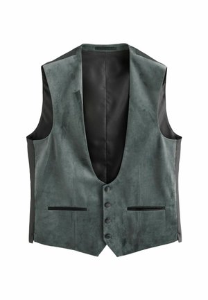 Sleeveless vest in grey faux suede with a deep V-neck, black mesh lining, five button closure, and two front pockets.