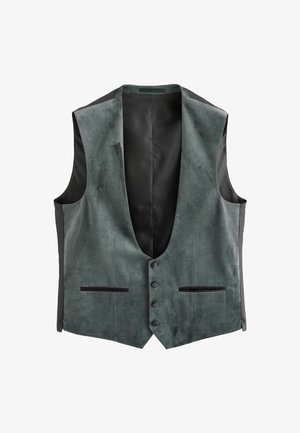 Ærmeløs vest i grå faux ruskind med en dyb V-hals, sort mesh-foring, fem knaplukninger og to frontlommer.