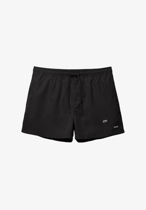 Zwarte zwembroek gemaakt van lichtgewicht materiaal, met een elastische tailleband, trekkoord en kleine logo accenten aan de zijkant.
