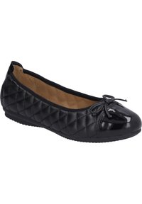 Černé prošívané baletky s kulatou špičkou, saténovým povrchem a dekorativní mašlí vpředu. Gumová podrážka a polstrovaný vnitřek.