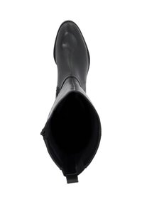 Black leather ankle boot with a smooth texture, tapered toe, and interior zip closure. A pull tab is located at the back for easy wear.