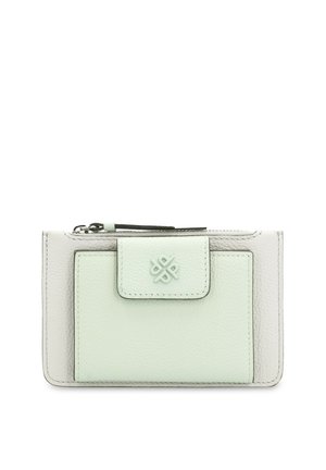Leather wallet in mint green and light gray, featuring a textured front with a snap closure and a zippered compartment on top.