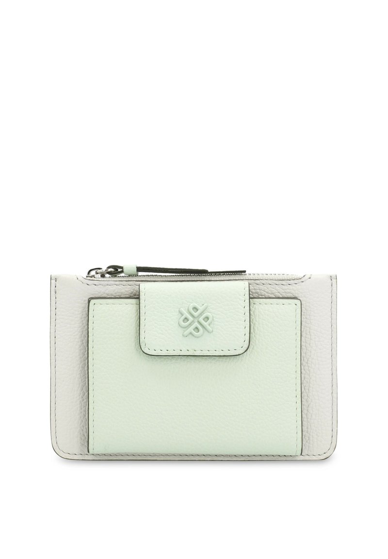Leather wallet in mint green and light gray, featuring a textured front with a snap closure and a zippered compartment on top.