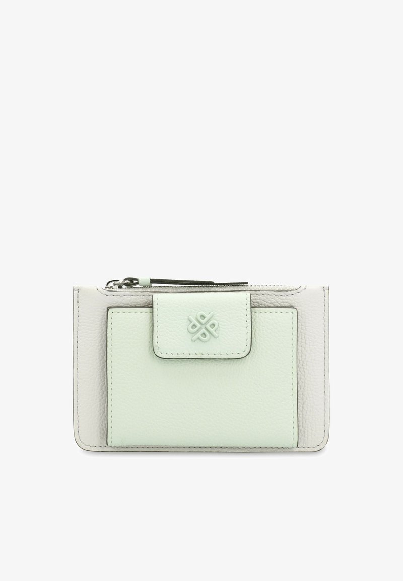 Leather wallet in mint green and light gray, featuring a textured front with a snap closure and a zippered compartment on top.