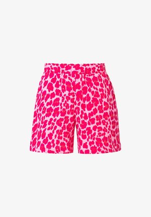 Pink shorts med en leopardprintet mønster og mørkere pink pletter. Fremstillet af et struktureret stof, har de en bæltestrop i taljen og en afslappet pasform.